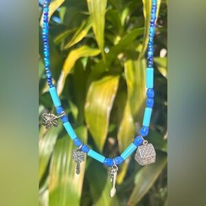 Turquoise Glass Bead, Polymer, and 925 Silver Necklace With Silver Tone Charms